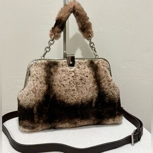 Real Rex Rabbit Fur Handmade Unique Rivet Frame Push Lock Handbag, Crossbody